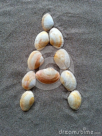 Alphabet character A created with seashells on beach-sand Stock Photo