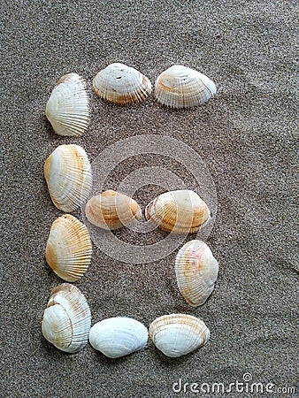 Alphabet character G created with seashells on beach-sand Stock Photo