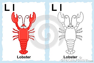 Alphabet coloring book page with outline clip art to color. Letter L. Lobster.. Vector animals. Vector Illustration