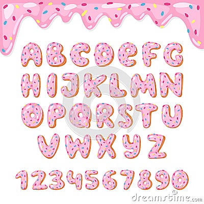 Alphabet donut vector kids alphabetical doughnuts font ABC with pink letters and glazed numbers with icing or sweet Vector Illustration