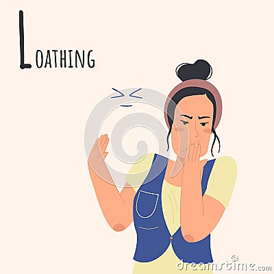Alphabet Emotions concept. Female character loathing and disgusted. Letter L - loathing Cartoon Illustration