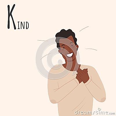 Alphabet Emotions concept. Man holds hands on his heart. Male character kind and cute. Letter K - Kind Cartoon Illustration