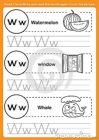 Alphabet exercise with cartoon vocabulary for coloring book Vector Illustration