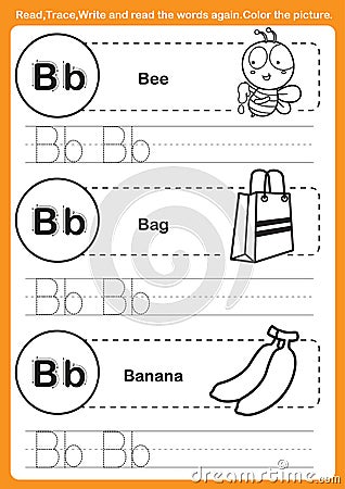 Alphabet exercise with cartoon vocabulary for coloring book Vector Illustration