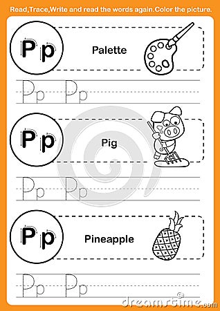 Alphabet exercise with cartoon vocabulary for coloring book Vector Illustration