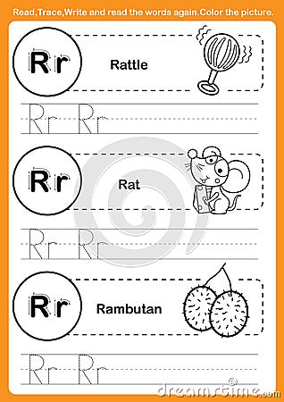 Alphabet exercise with cartoon vocabulary for coloring book Vector Illustration