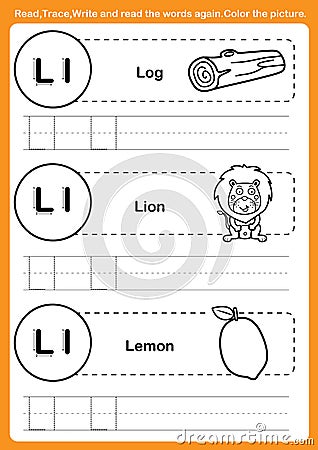 Alphabet exercise with cartoon vocabulary for coloring book Vector Illustration