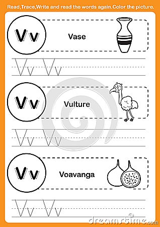 Alphabet exercise with cartoon vocabulary for coloring book Vector Illustration