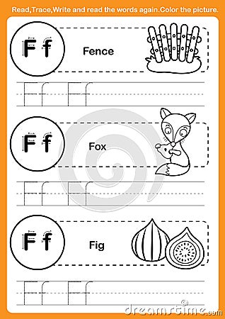 Alphabet exercise with cartoon vocabulary for coloring book Vector Illustration