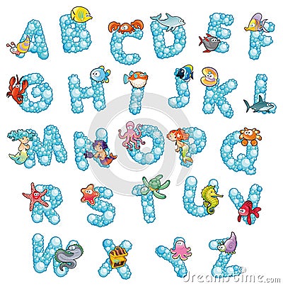 Alphabet with fish and bubbles. Vector Illustration