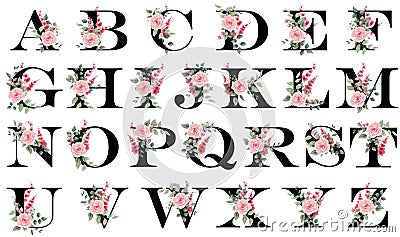 Alphabet with floral decoration. Capital letters with delicate spring flowers for postcards, text, congratulations, booklets, Stock Photo