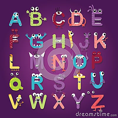 Alphabet font monster character fun kids funny color-full letters abc design vector illustration Vector Illustration