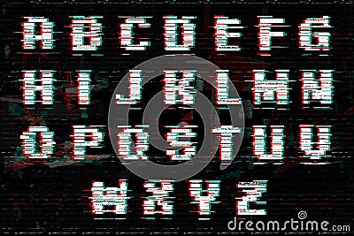 Alphabet with glitch and noise effect. Perfect style for digital illustrations. Vector abstract technology font. Vector Illustration