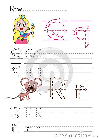 Alphabet handwriting Q R Vector Illustration