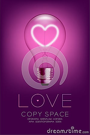 Alphabet Incandescent light bulb switch on set Love heart Vector Illustration