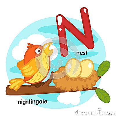 Alphabet Isolated Letter N-nest-nightingale Vector Illustration