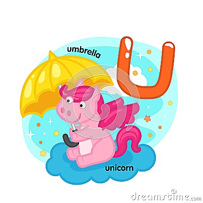 Alphabet Isolated Letter U-unicorn-umbrella Vector Illustration