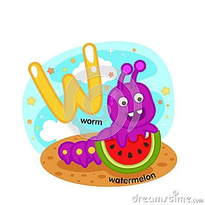 Alphabet Isolated Letter W-worm-watermelon Vector Illustration