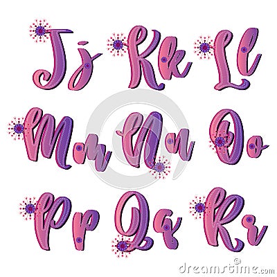 Romantic floral ABC letters. Flower alphabet. Heart letter. Pink purple gradient pattern vector. Jklmnopqr collection. Love magic. Vector Illustration