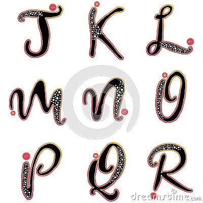 Abstract black alphabets. Jklmnopqr collection. Gradient border curly letters set. Vector stock characters with scattered dots. Vector Illustration