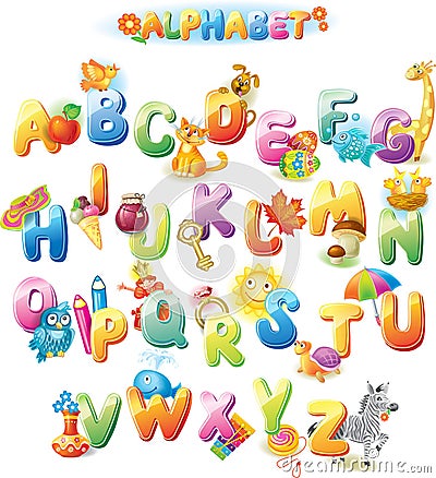 Alphabet for kids with pictures Vector Illustration