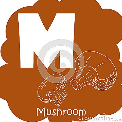 Alphabet for kids with vegetables. Healthy letter abc M-Mushroom Vector Illustration