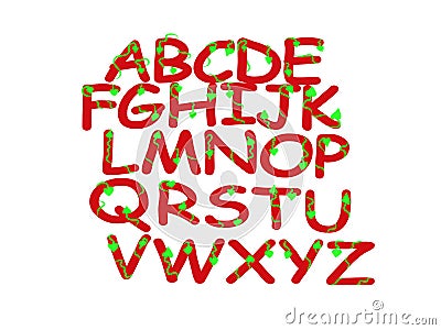 Alphabet latin, hand drawing. Red illustration with letters and green leaves Vector Illustration