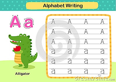 Alphabet Letter A-Alligator exercise with cartoon vocabulary Vector Illustration