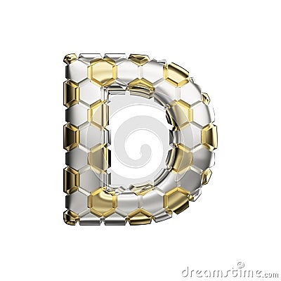 Alphabet letter D uppercase. Soccer font made of silver and gold football texture. 3D render isolated on white background. Stock Photo