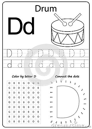 Writing letter D. Worksheet. Writing A-Z, alphabet, exercises game for kids. Vector Illustration