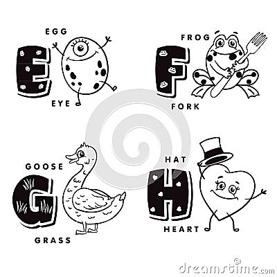 Alphabet letter E F G H depicting an egg, frog, goose and heart. Vector alphabet Vector Illustration