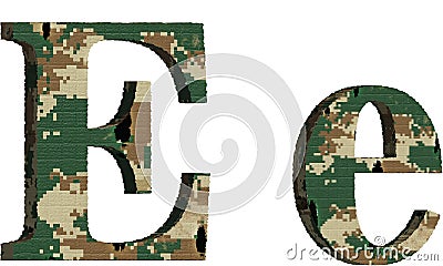 Alphabet letter e uppercase and lowercase, abstract military camouflage texture font Cartoon Illustration