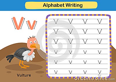 Alphabet Letter exercise V-Vulture with cartoon vocabulary Vector Illustration