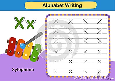 Alphabet Letter exercise X-Xylophone with cartoon vocabulary Vector Illustration