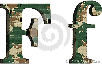 Alphabet letter f uppercase and lowercase, abstract military camouflage texture font Cartoon Illustration