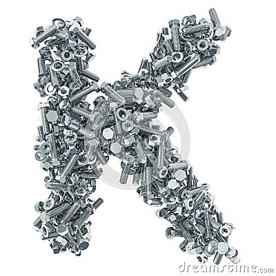 Alphabet letter K from bolts, nuts and washers. 3D rendering Stock Photo