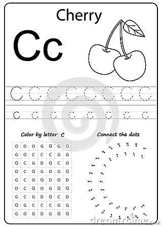 Writing letter C. Worksheet. Writing A-Z, alphabet, exercises game for kids. Vector Illustration