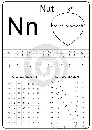 Writing letter N. Worksheet. Writing A-Z, alphabet, exercises game for kids. Vector Illustration