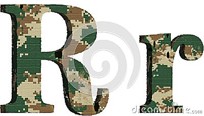 alphabet letter r uppercase and lowercase, abstract military camouflage texture font Cartoon Illustration