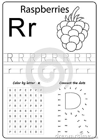 Writing letter R. Worksheet. Writing A-Z, alphabet, exercises game for kids. Vector Illustration