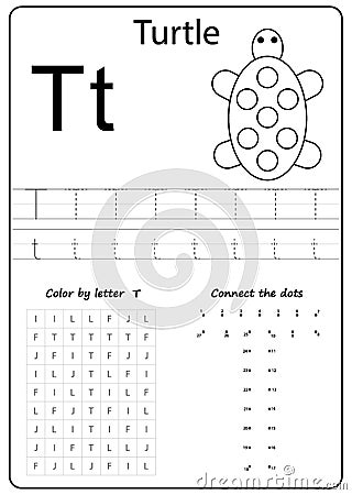 Writing letter T. Worksheet. Writing A-Z, alphabet, exercises game for kids. Vector Illustration