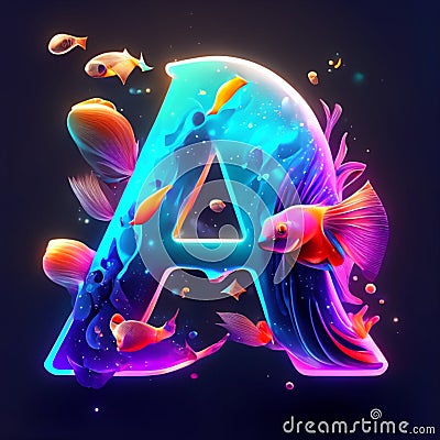 Alphabet letter A with underwater world and fishes. Lettering in neon style. generative AI Stock Photo