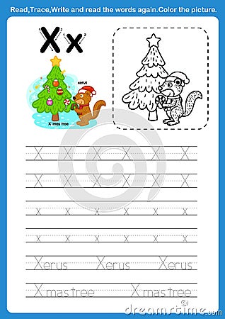 Alphabet Letter X with cartoon vocabulary for coloring book Vector Illustration