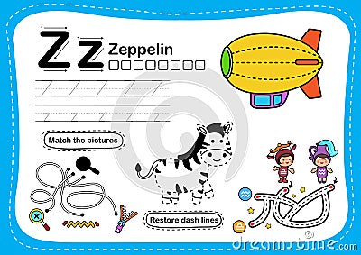 Alphabet Letter Z - zeppelin exercise with cartoon vocabulary Vector Illustration