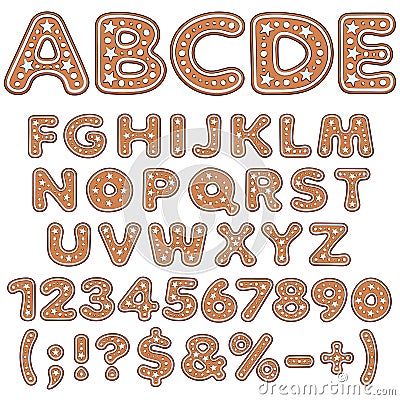 Alphabet, letters, numbers and signs of gingerbread. Isolated colored vector objects. Vector Illustration