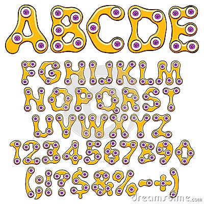 Alphabet, letters, numbers and signs of orange slime with purple eyes for Halloween. Set of isolated vector objects. Vector Illustration