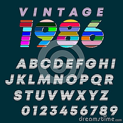 Alphabet letters and numbers vintage design. Slot line font template Vector Illustration