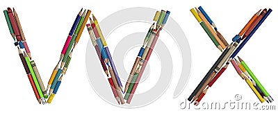 Alphabet - letters: W X, alphabet made from colorful used pencils Stock Photo