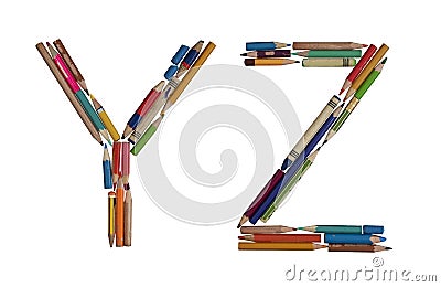 Alphabet - letters: Y Z, alphabet made from colorful used pencils Stock Photo