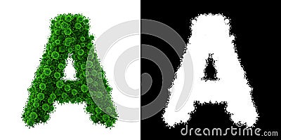 Alphabet A made of Bacteria with alpha mask, alphabet A made of Virus with alpha mask, bacteria font, virus font, 3d alphabet Stock Photo